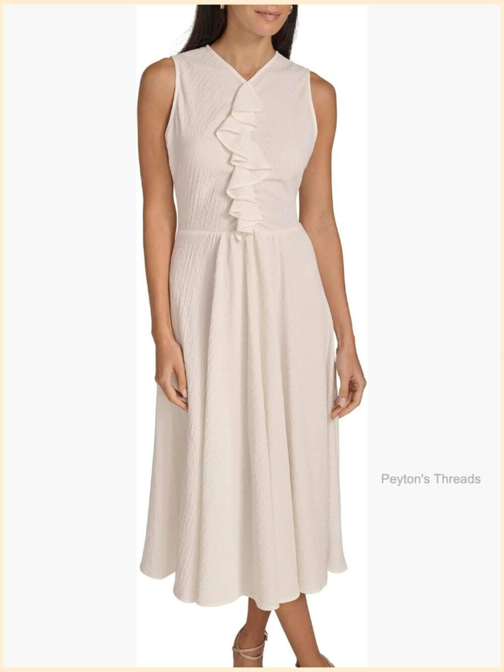 Sleeveless Ruffle Front Fit & Flare Midi Dress Sheath Scoop Neck Zipper